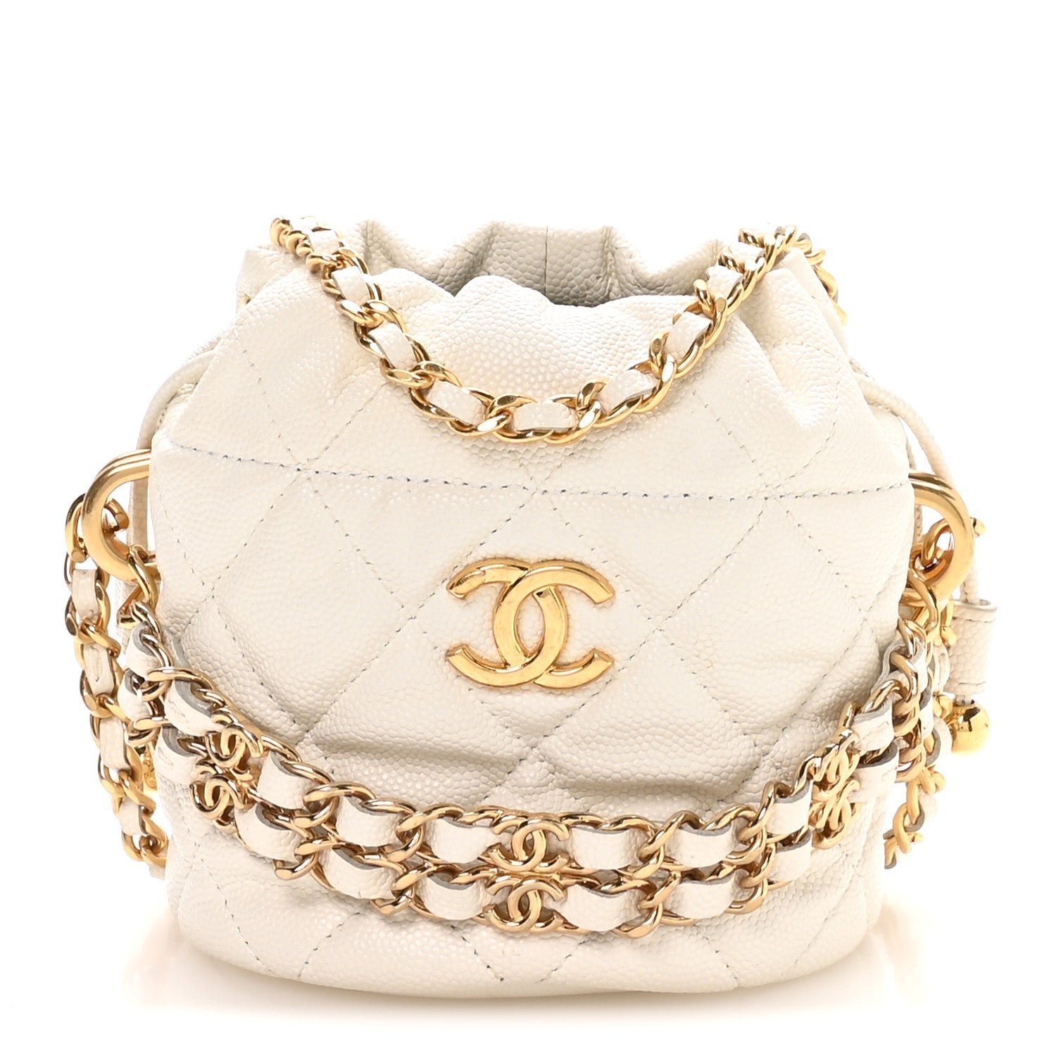 Chanel Caviar Quilted Coco First Bucket Clutch With Chain White