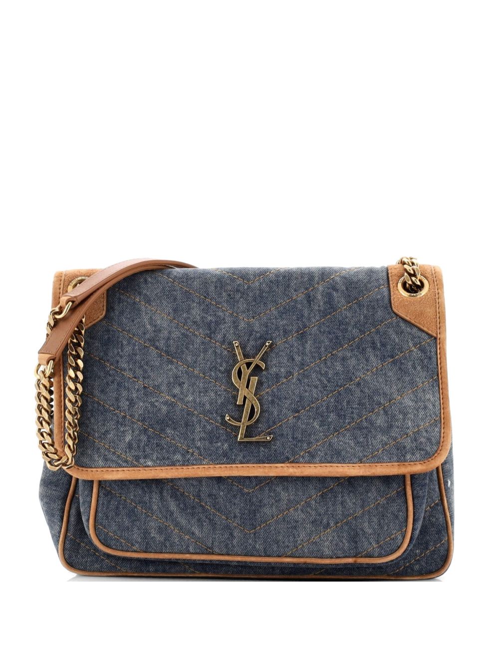 Niki Chain Flap Bag Matelasse Chevron Denim with Suede Medium shoulder bag