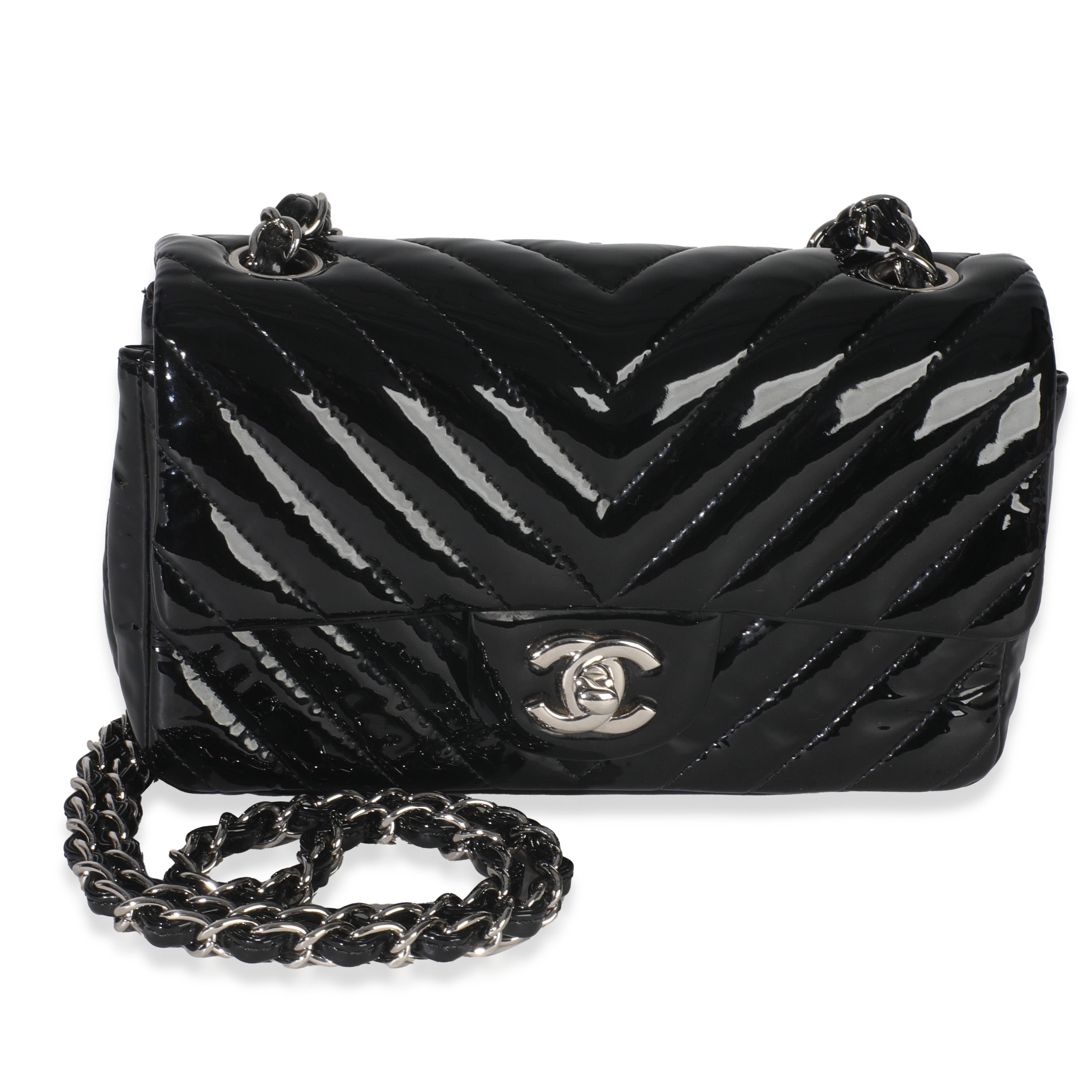 Chanel Black Patent Chevron Mini Rectangular Flap Bag