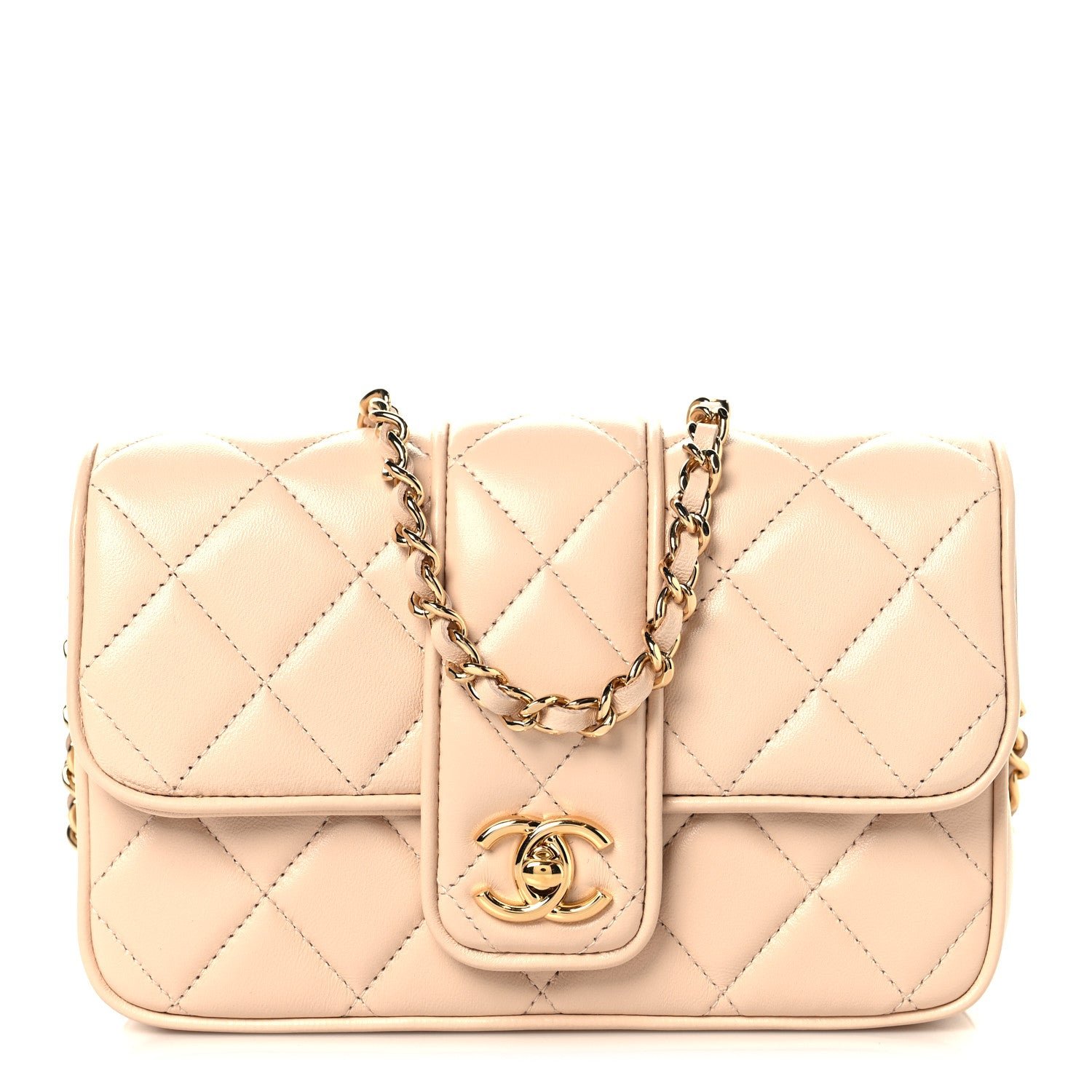 Chanel Lambskin Quilted Tab Mini Flap Beige