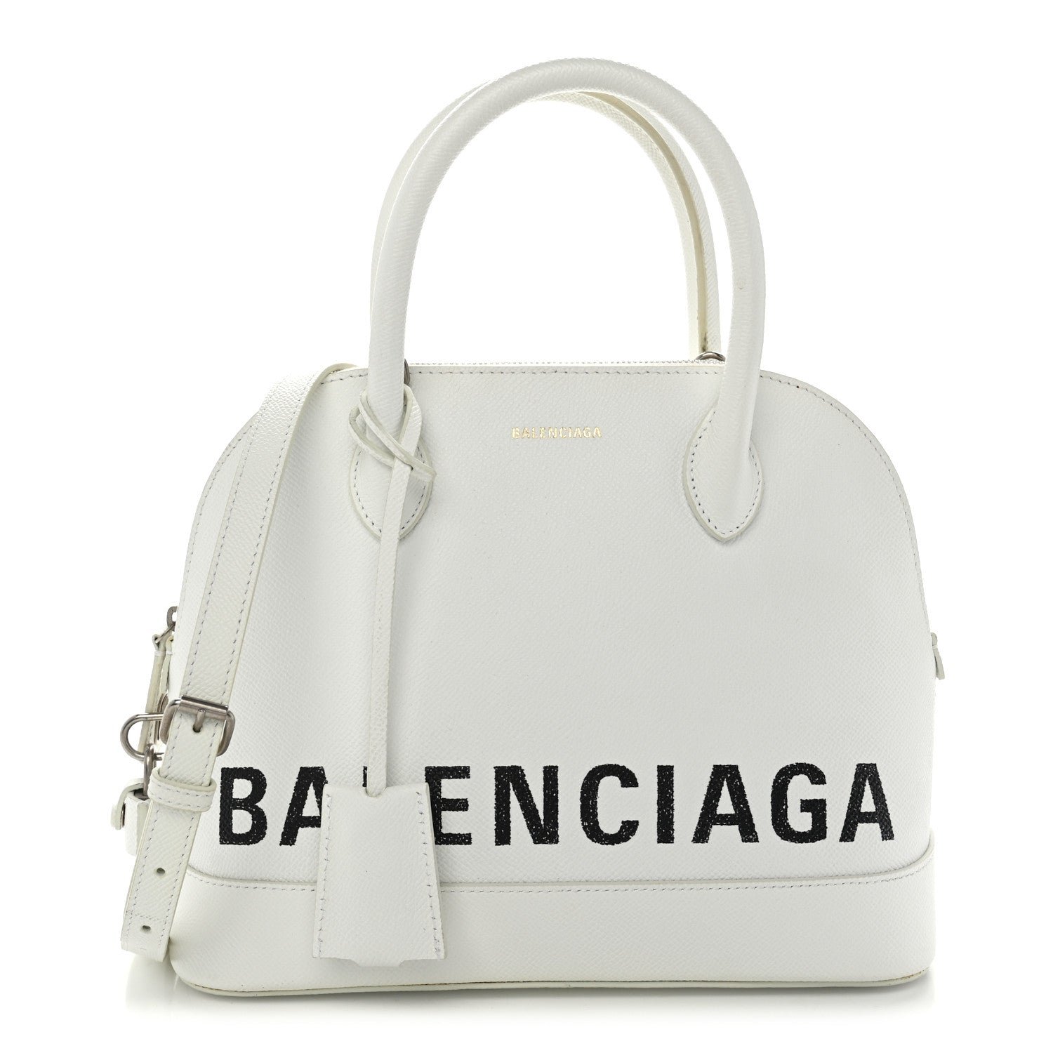 Balenciaga Signature Grained Calfskin Logo S Ville Top Handle Bag White Black