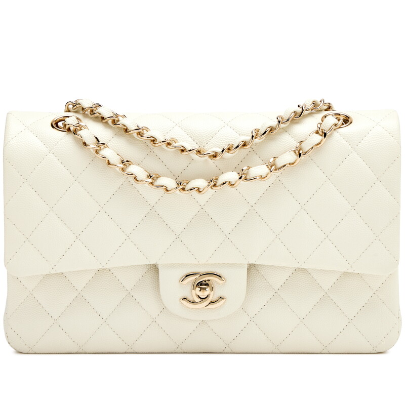 Cream White Quilted Caviar Medium Classic Double Flap Bag Light Gold Hardware, 2022