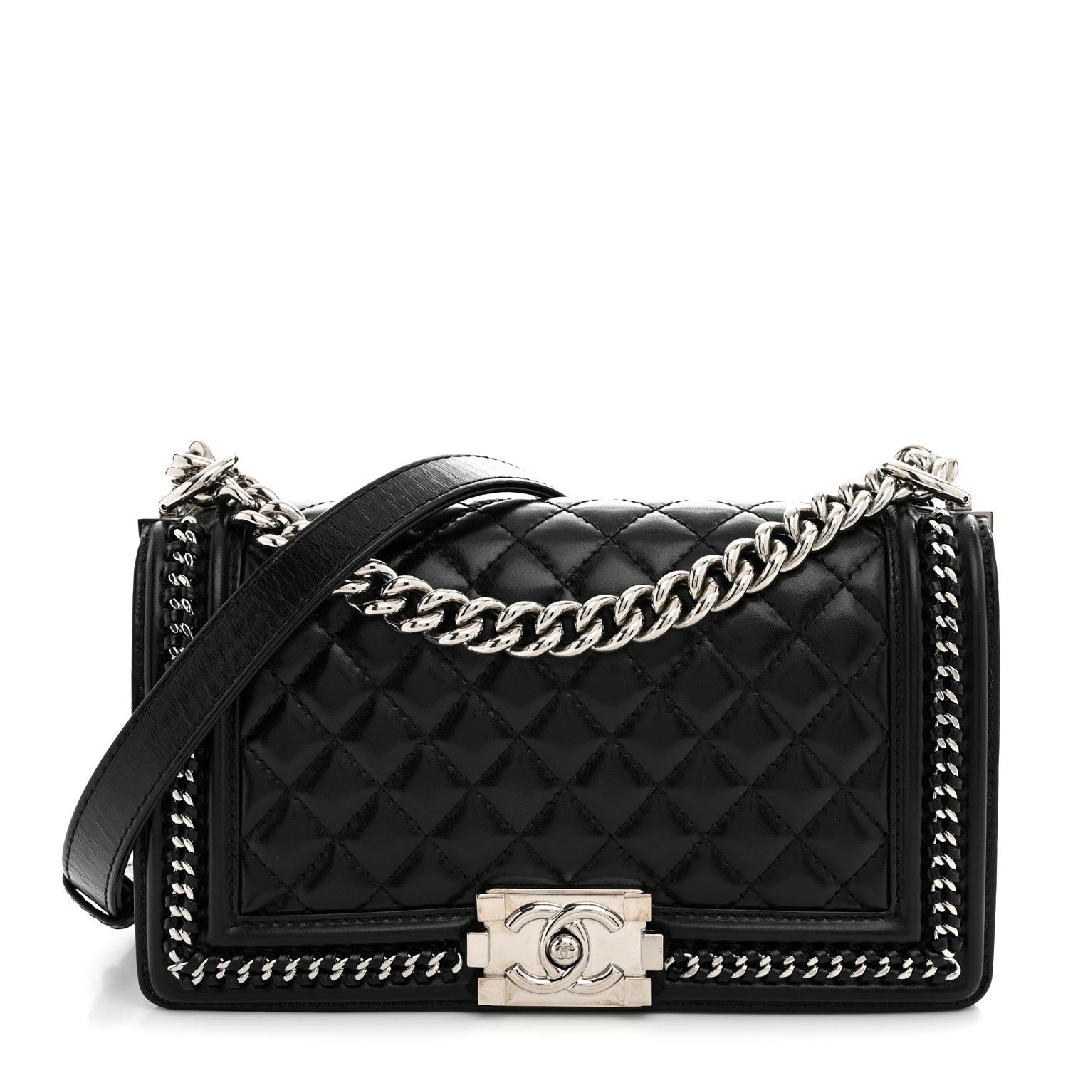 Chanel Glazed Calfskin Quilted Medium Chain Around Boy Flap Black