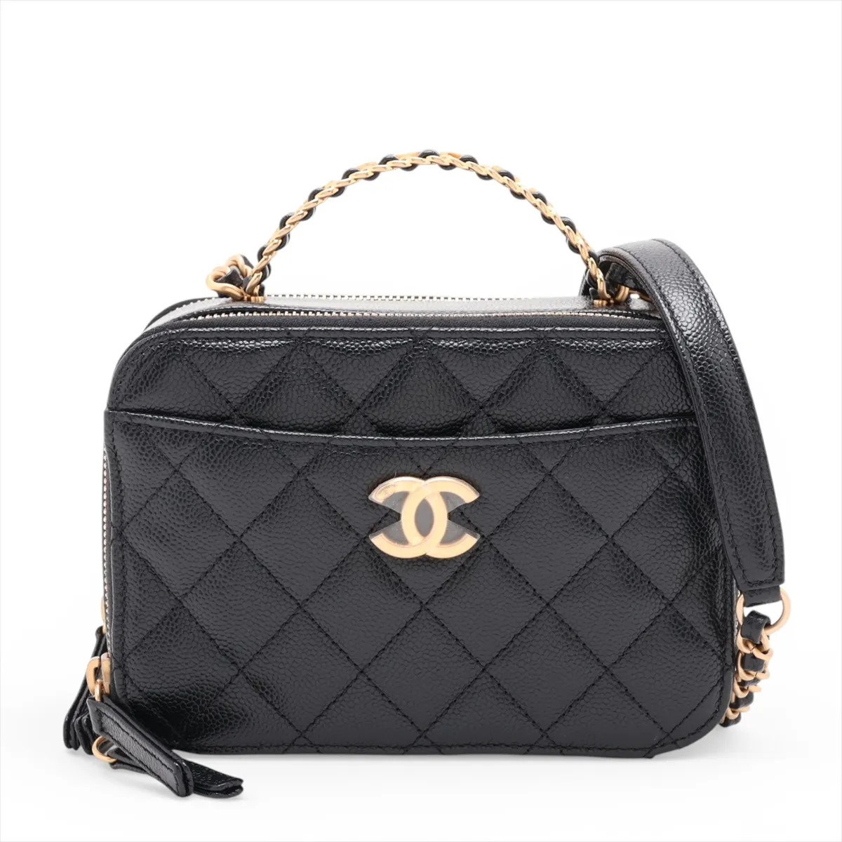 Chanel Matelasse Caviar Skin 2 Way Handbag Black Gold Metal Fittings random plat