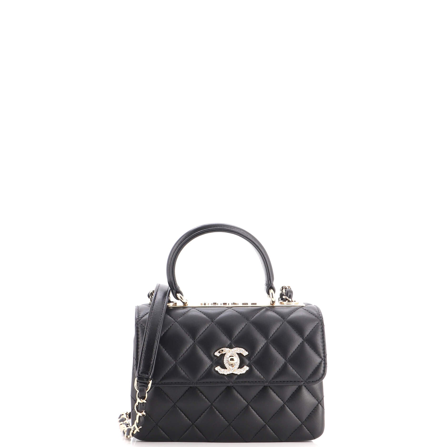 Trendy Crystal CC Top Handle Bag Quilted Lambskin Mini