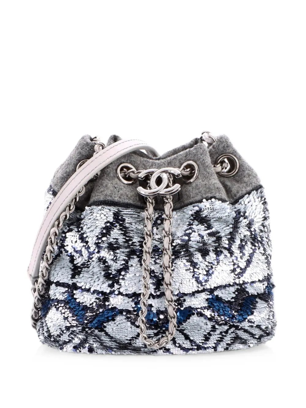 CC Chain Drawstring Quilted Wool and Sequins Mini bucket bag