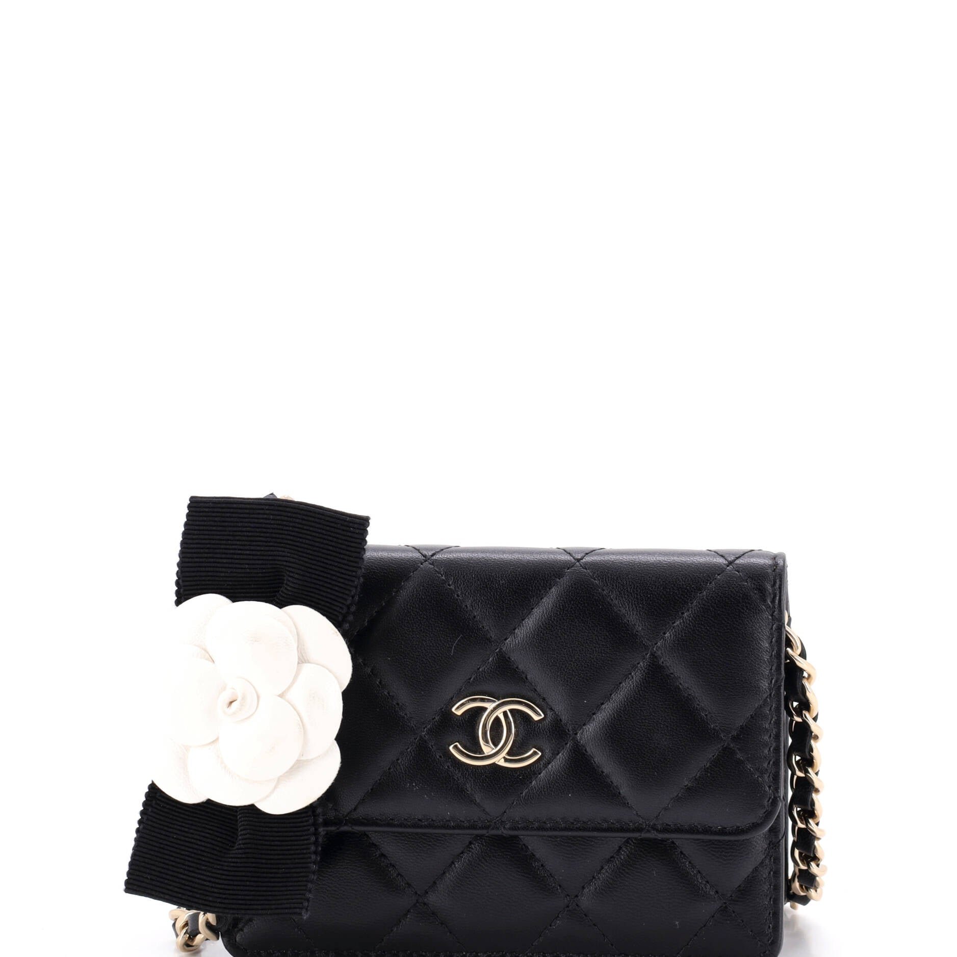 Camellia Bow Flap Card Holder with Chain Quilted Lambskin