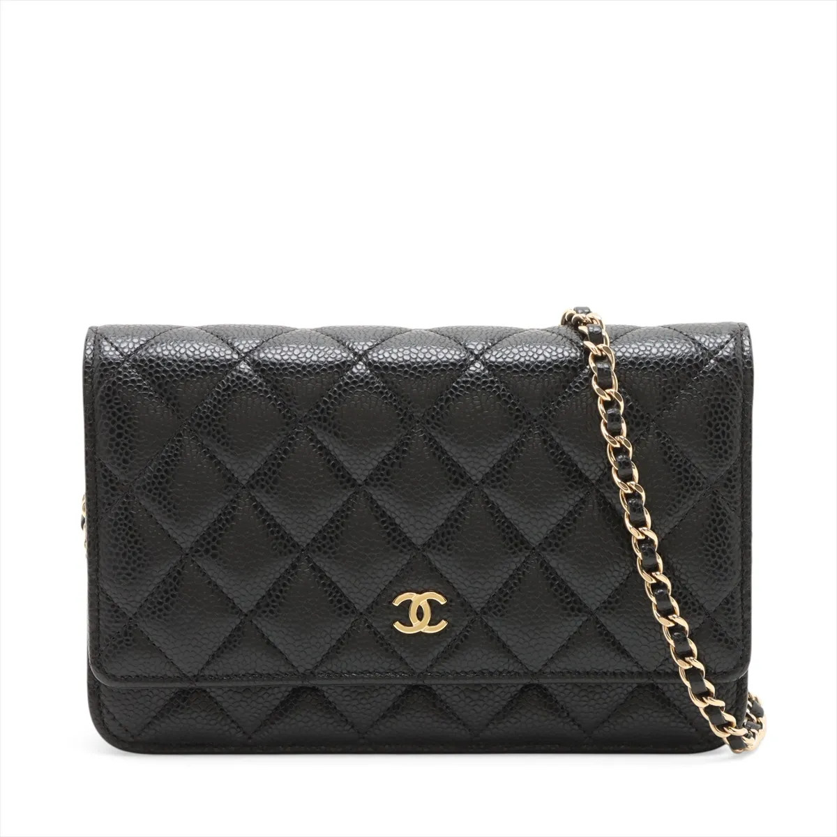 Chanel Matelasse Caviar Skin Chain Wallet Black Gold Metal Fittings random plate