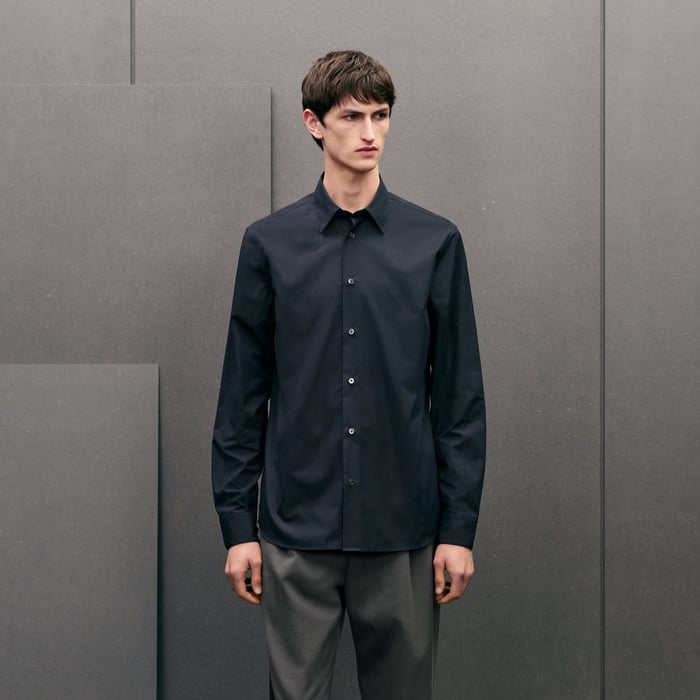 Marine Straight Cut Shirt With Leather Detail
