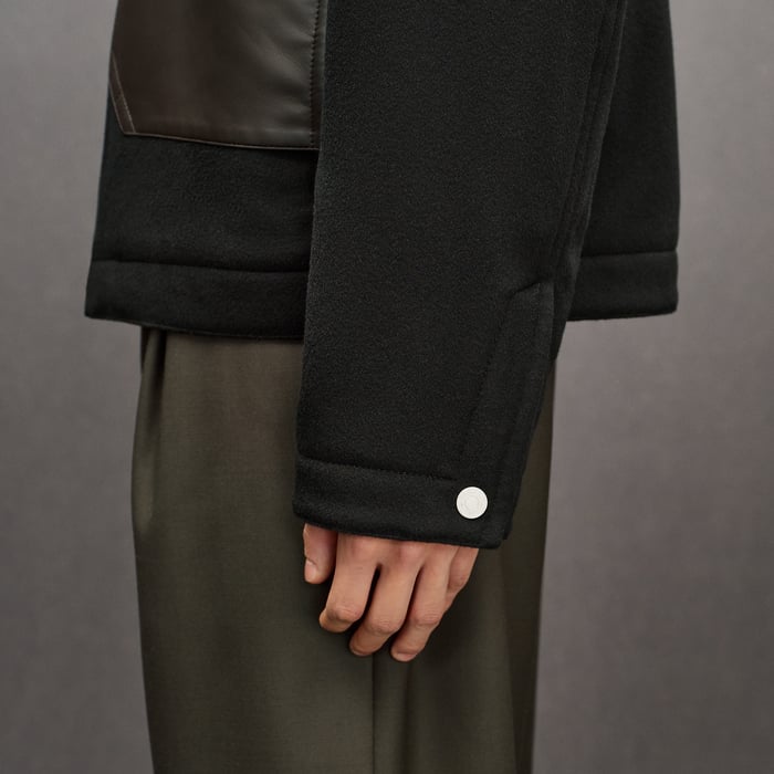 Noir Cashmere Zipped Straight Cut Jacket With Leather Details