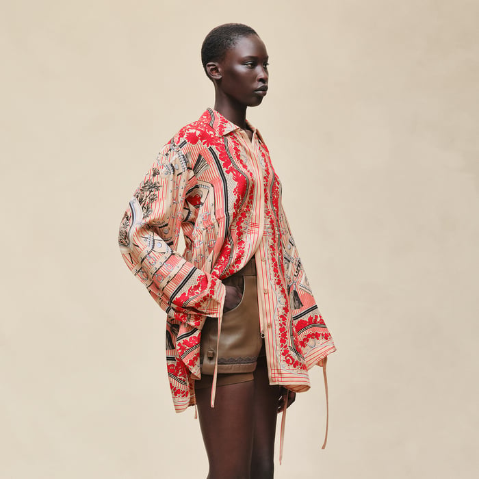 Beige Cajou "Aux Champs En Fleurs Raye" Drawstring Shirt