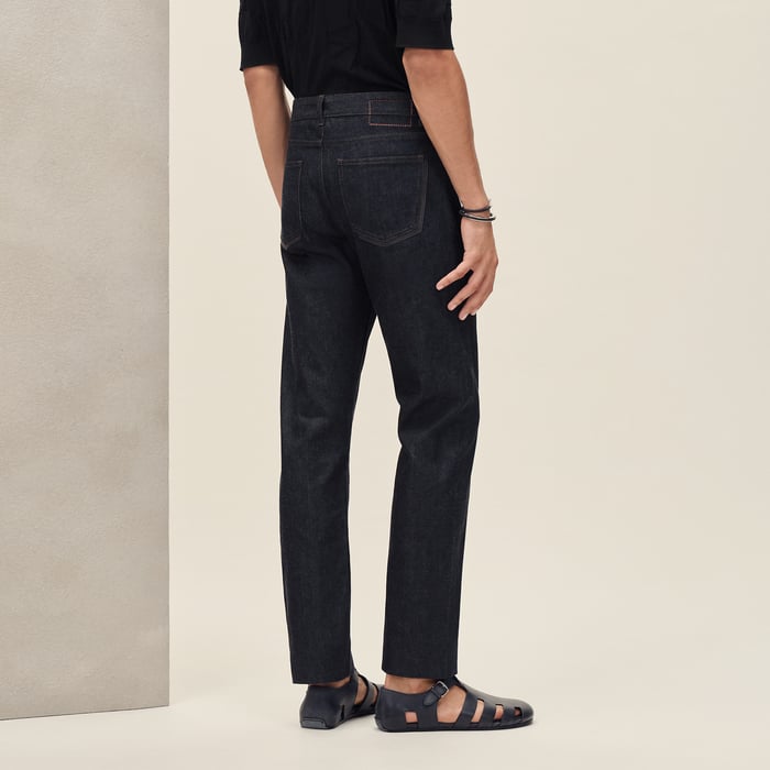 Indigo Straight Cut Jeans With Leather Pocket Detail