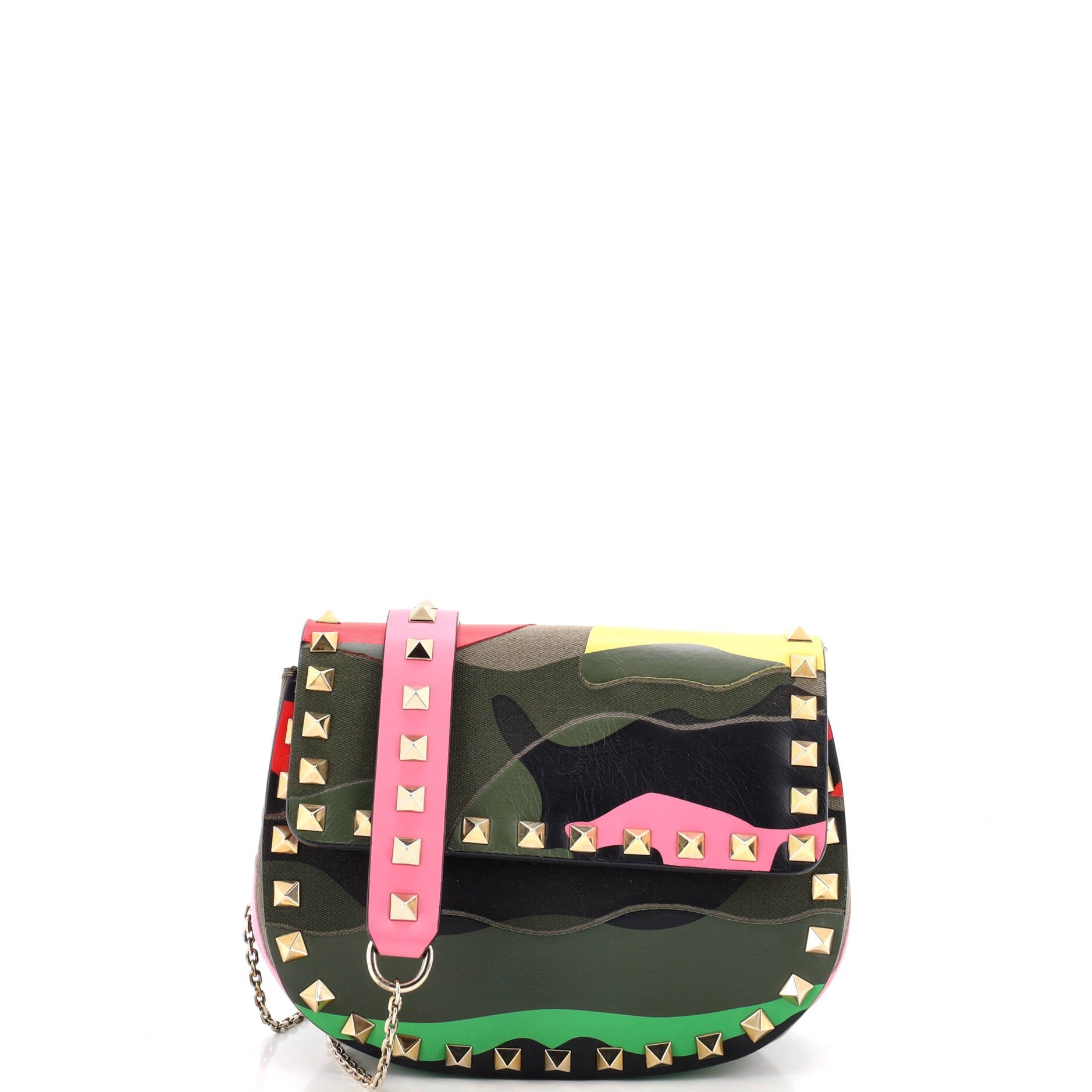 Valentino Garavani Rockstud Chain Crossbody Bag Camouflage Leather and Canvas Small