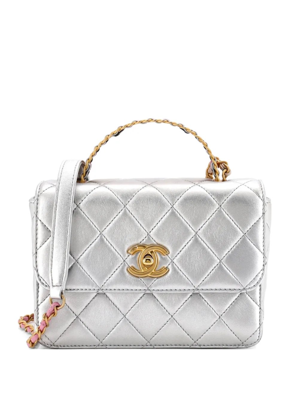 Logo Links Top Handle Flap Bag Quilted Calfskin Mini satchel