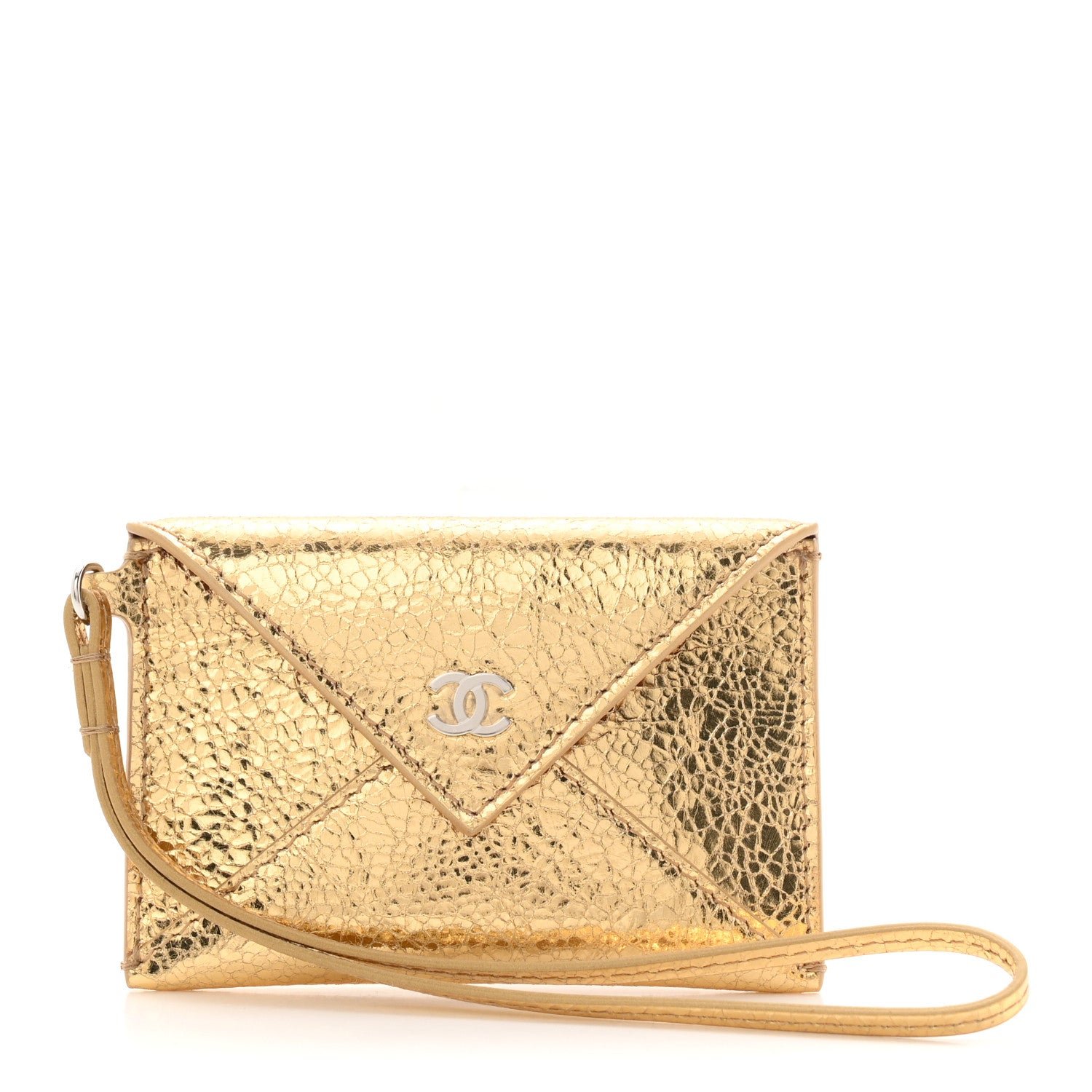 Chanel Metallic Lambskin Card Holder With Strap Gold