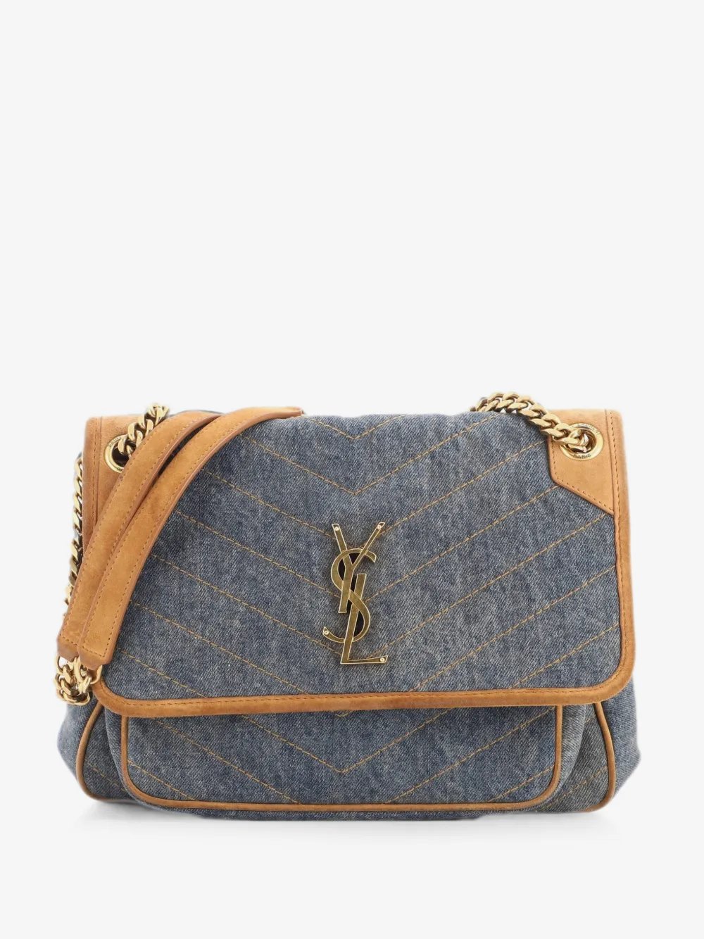 Niki Chain Flap Bag Matelasse Chevron Denim with Suede Medium shoulder bag