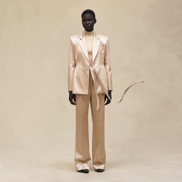Beige Gold Suit Jacket With Knotted Waist