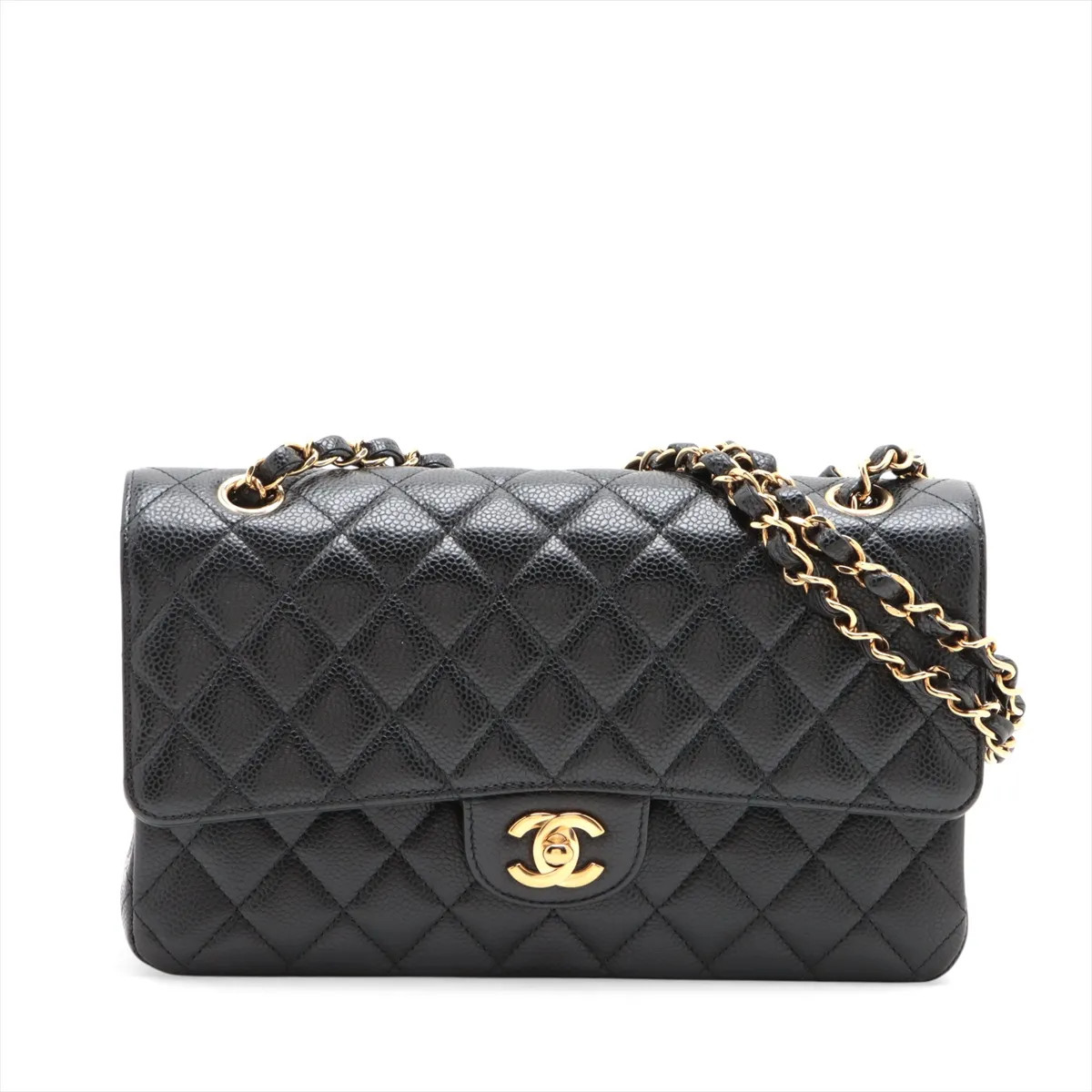 Chanel Matelasse 25 Caviar Skin Double Flap Double Chain Bag Black Gold Metal Fi