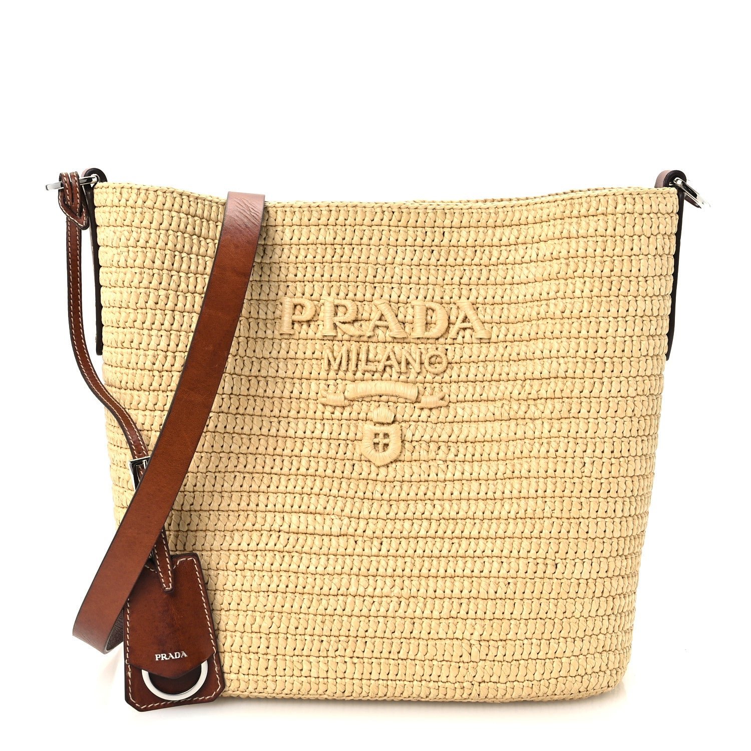 Prada Crochet Vitello Secchiello Bucket Bag Naturale Brandy