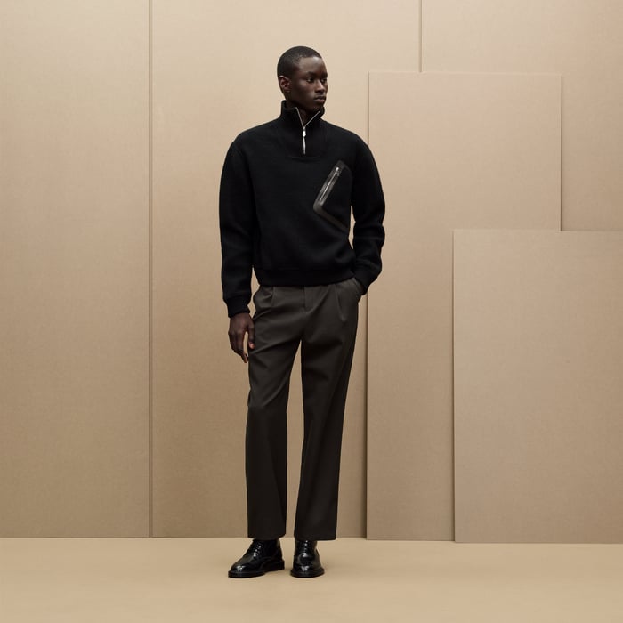 Noir Full-zip Sweater With Leather Detail