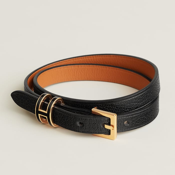 Hermès レザーブレスレット 《ポップH》 ドゥブルトゥール 黒 | BagUSeek