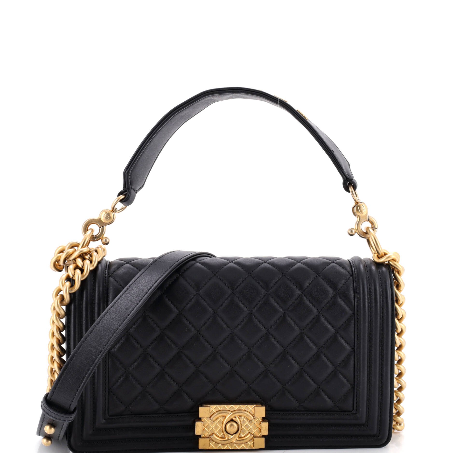 Logo Top Handle Boy Flap Bag Quilted Calfskin Old Medium