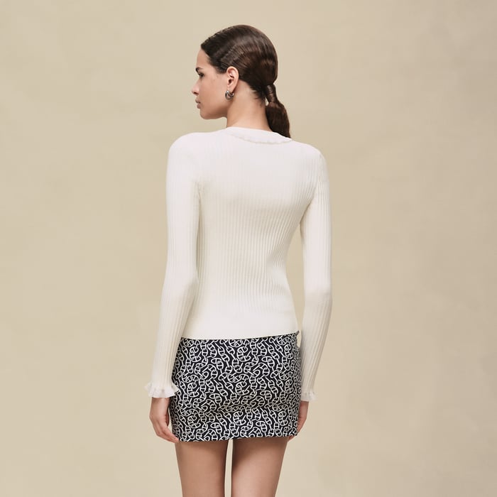 Blanc Naturel Long-sleeve Cardigan With Ruffled Details