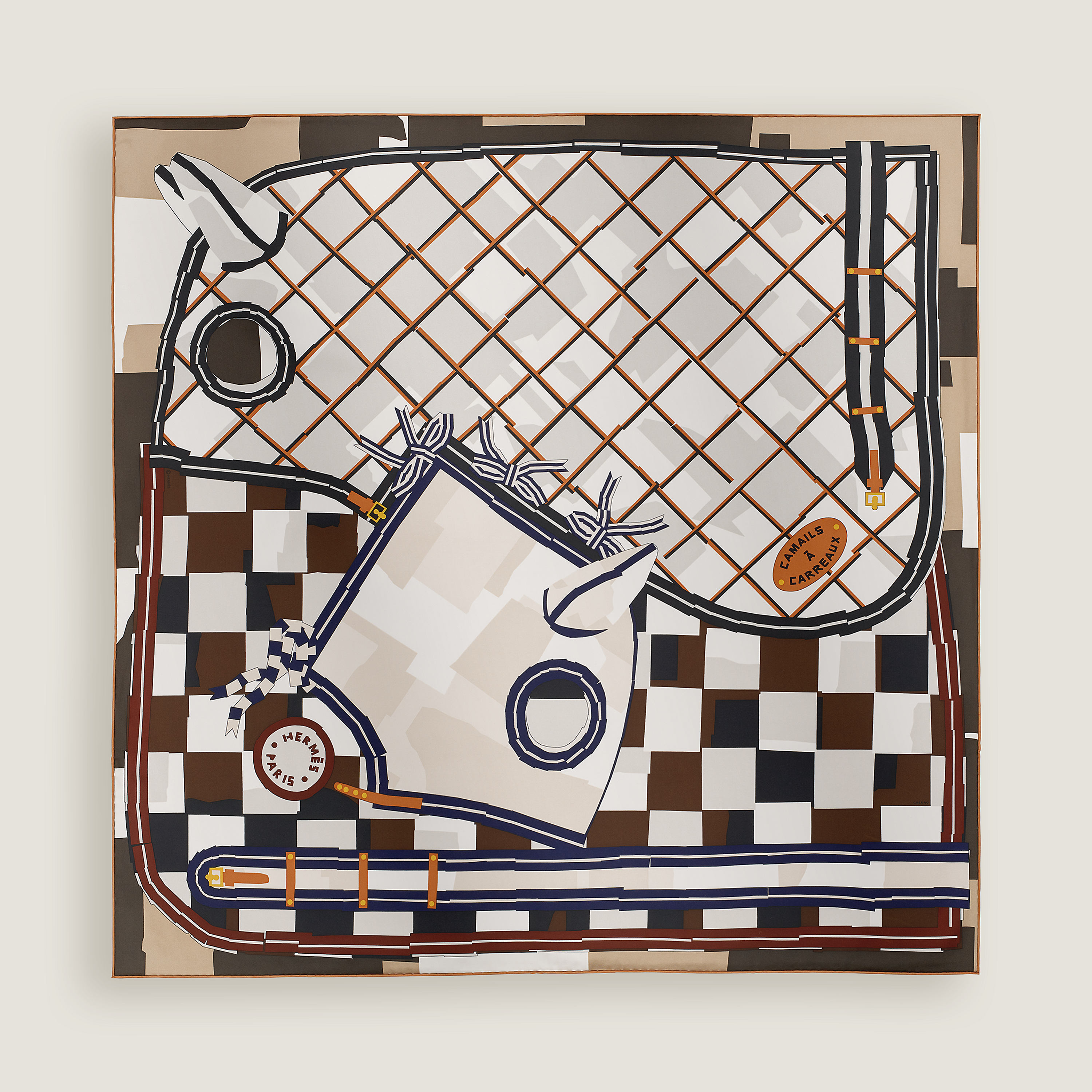 Hermès Camails a Carreaux scarf 90 Blanc/Chocolat/Bleu Marine