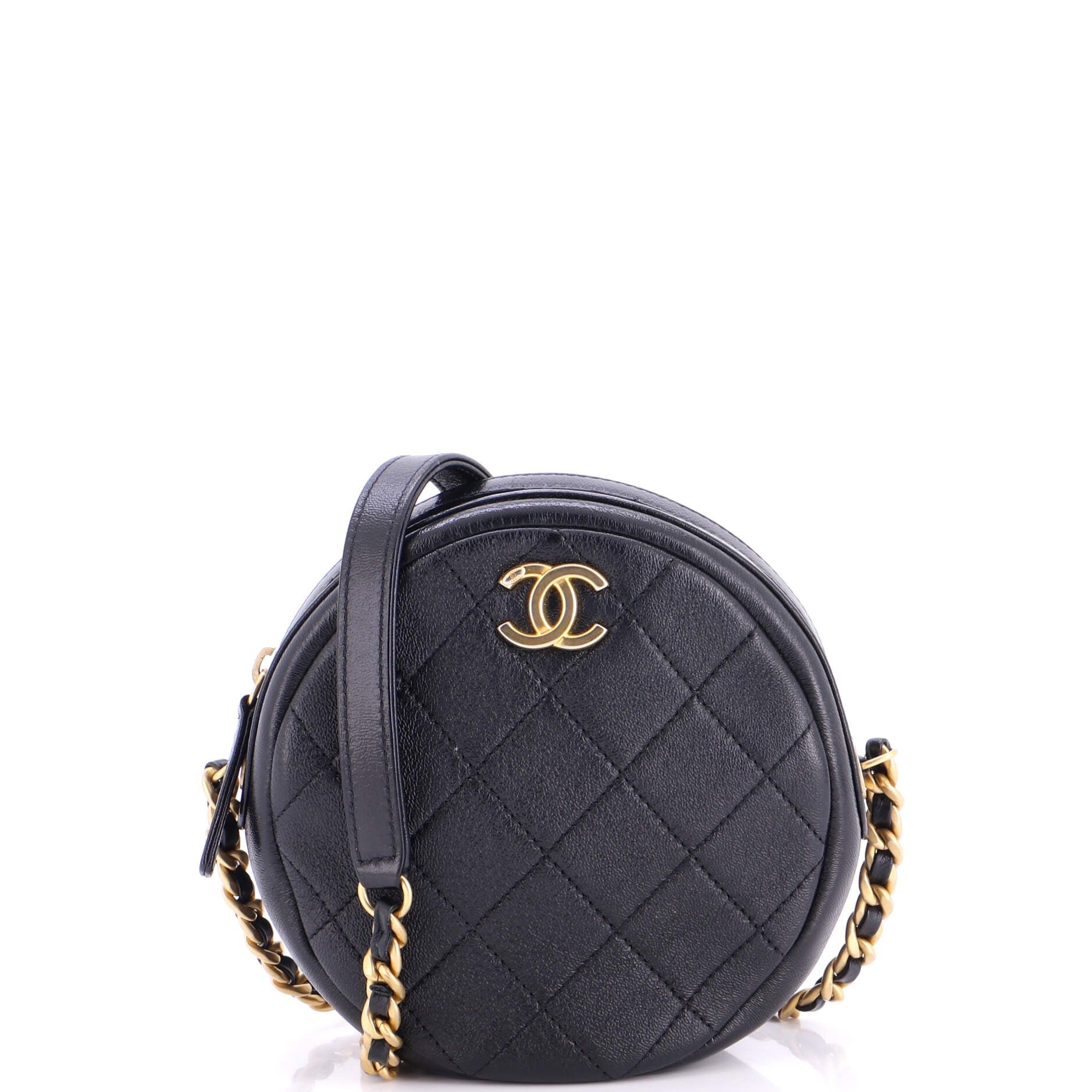 Round Chain Crossbody Bag Quilted Shiny Lambskin Small