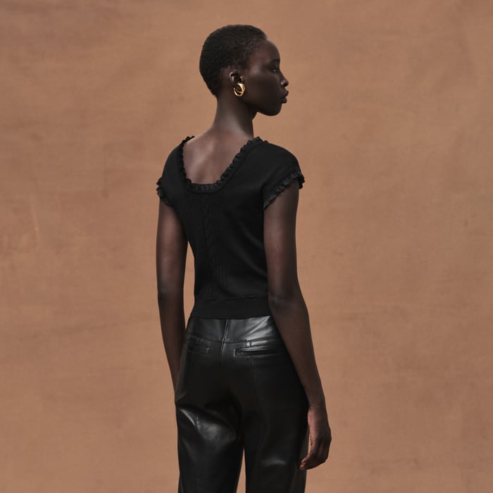 Noir Short-sleeve Sweater With Ruffled Details