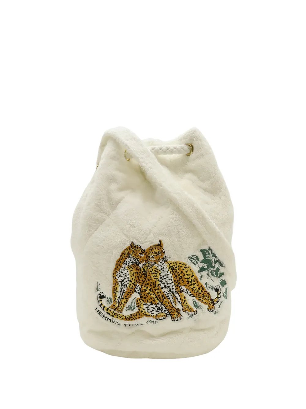 Hermes 2000-2026 Leopard Embroidered Cotton Drawstring bucket bag
