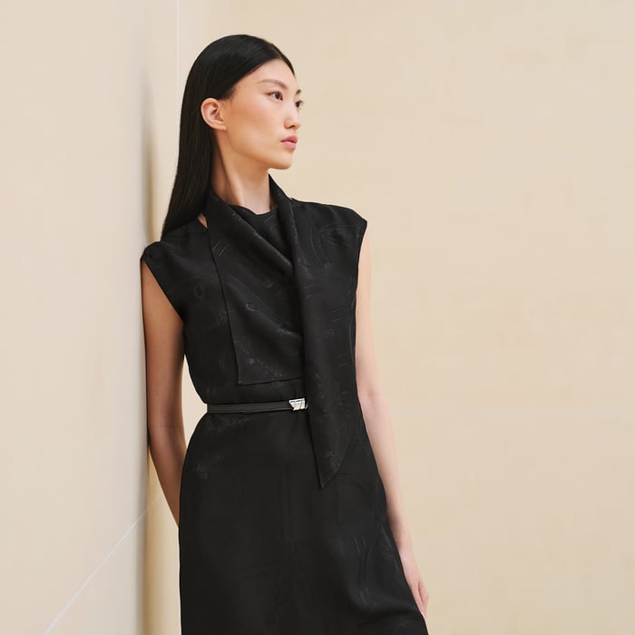 Noir "Jacquard En Desordre" Ascot Collar Long Dress