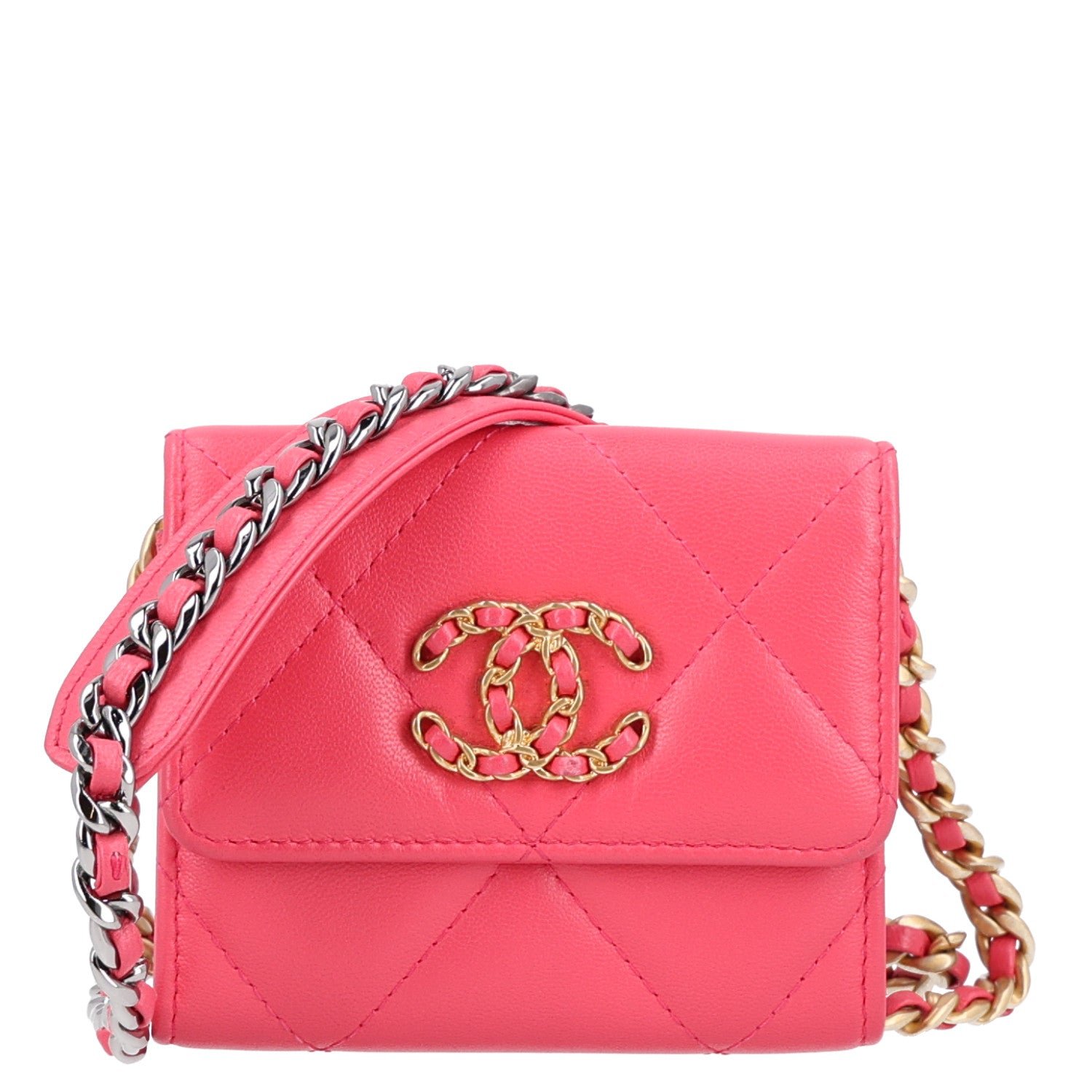 Chanel Lambskin Quilted Chanel 19 Flap Coin Purse With Chain Dark Pink