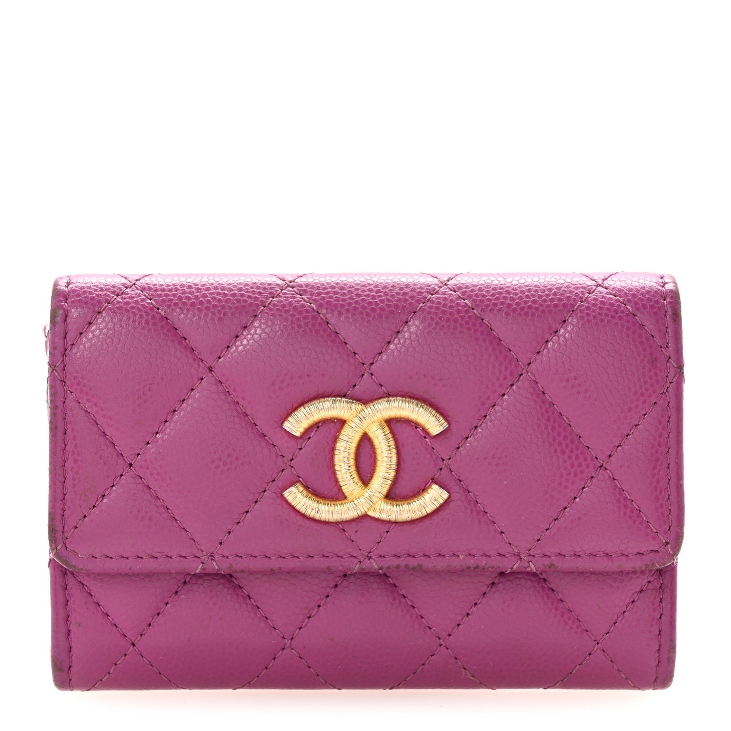 Chanel Caviar Quilted Textured CC Flap Card Holder Purple