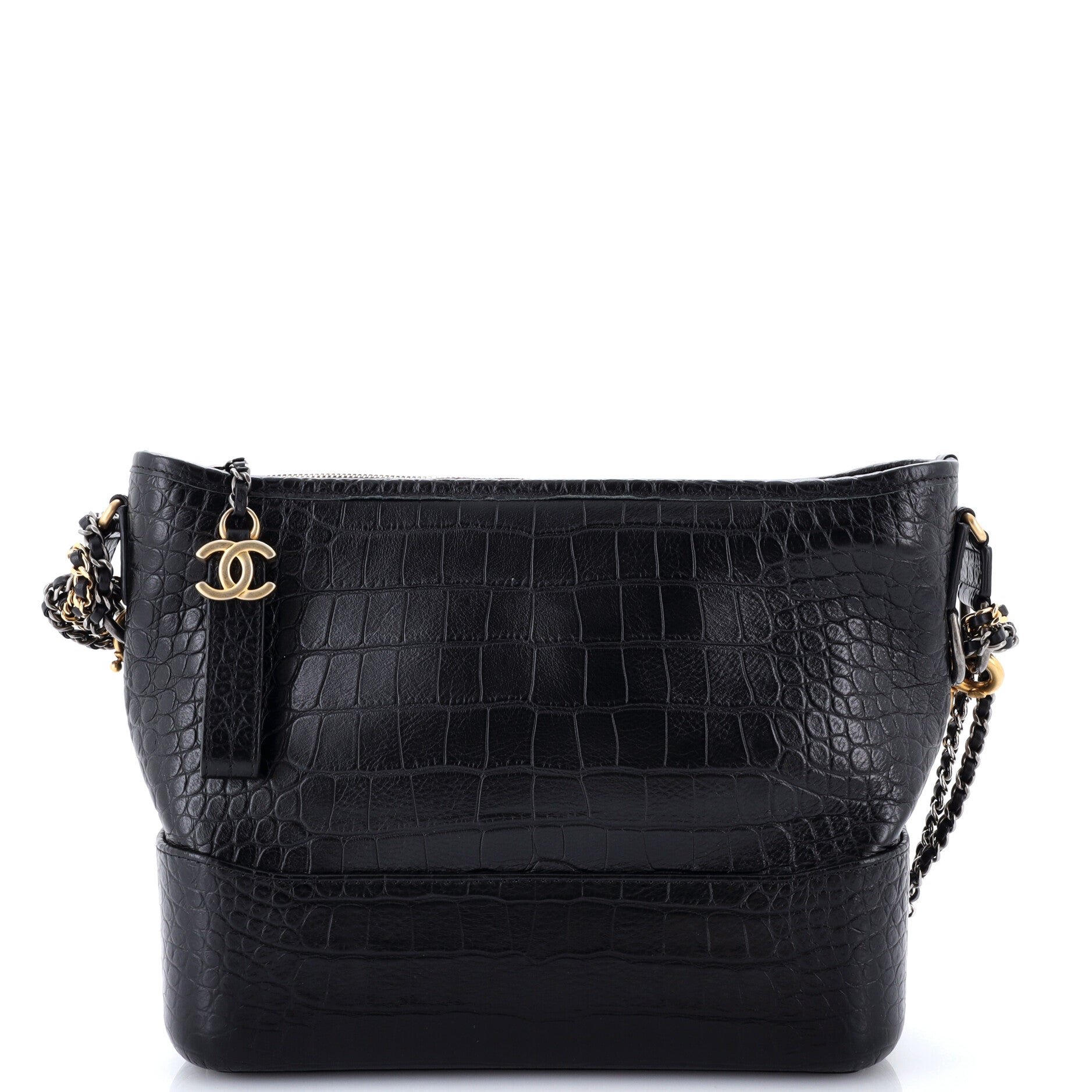 Gabrielle Hobo with Logo Handle Crocodile Embossed Calfskin Medium