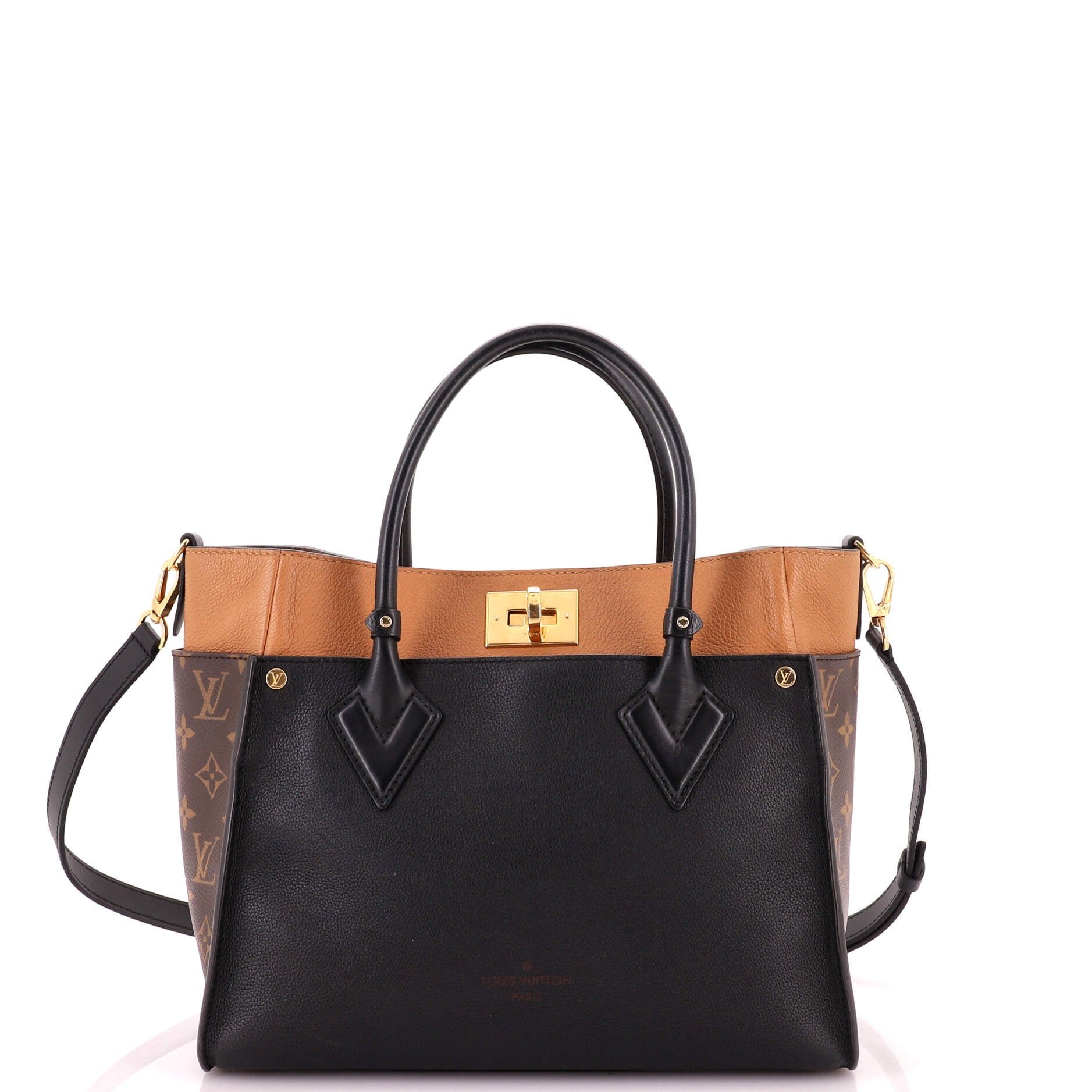 On My Side Tote Leather with Monogram Canvas MM