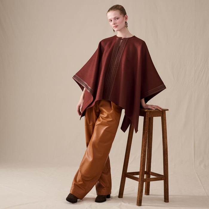 Rouge H Tresse Cuir Double Face Poncho