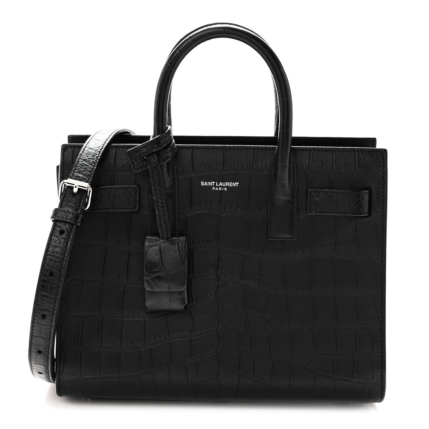 Saint Laurent Calfskin Crocodile Embossed Nano Sac De Jour Black
