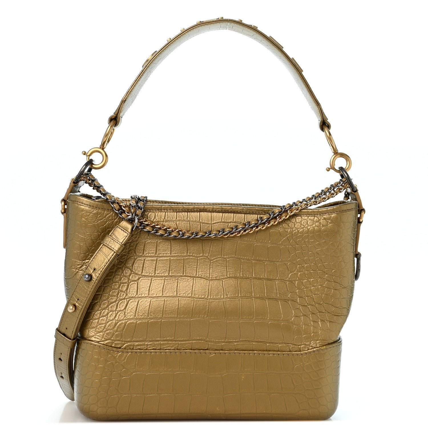 Chanel Metallic Calfskin Crocodile Embossed Medium Gabrielle Cocodile Hobo Gold