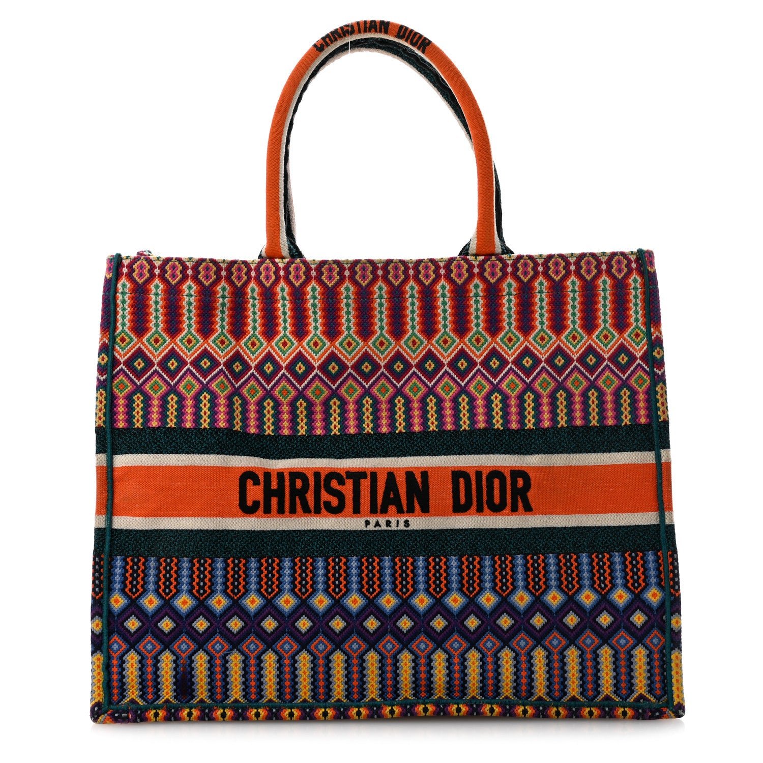 Christian Dior Canvas Embroidered Large Mexican Crafts Book Tote Orange Multicolor