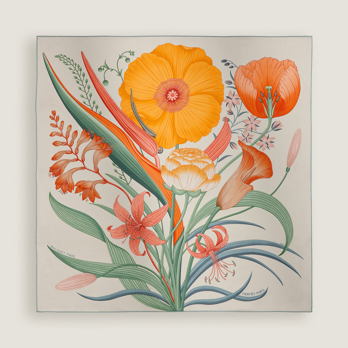 Hermès Bouquet Final scarf 90 Gris Cendre/Orange/Vert | BagUSeek