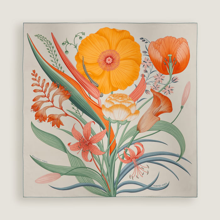 Hermès Bouquet Final scarf 90 Gris Cendre/Orange/Vert | BagUSeek