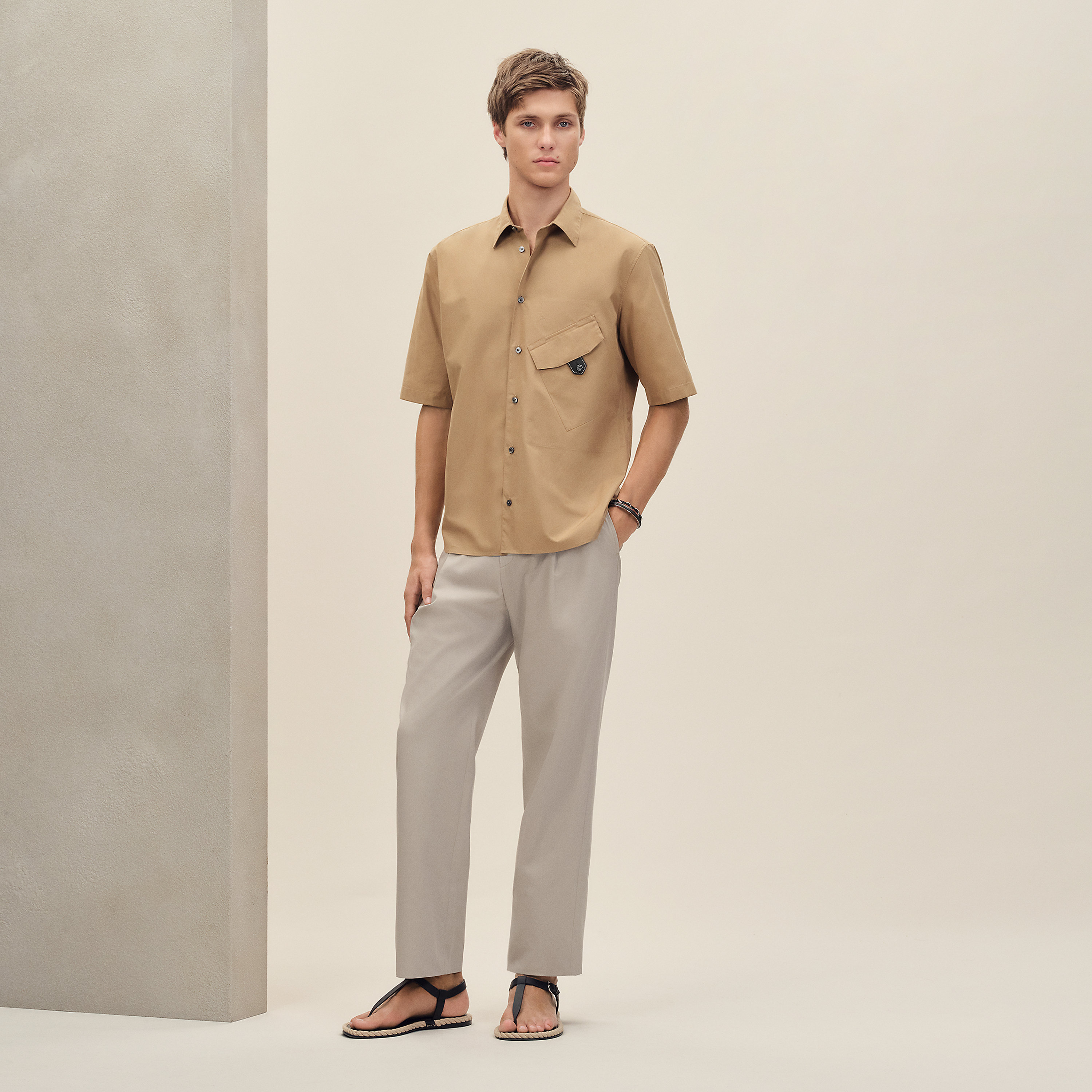 Short-sleeve straight cut shirt with leather detail