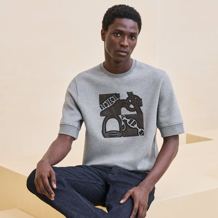 Gris "Metallerie Au Carre" T-shirt With Leather Detail