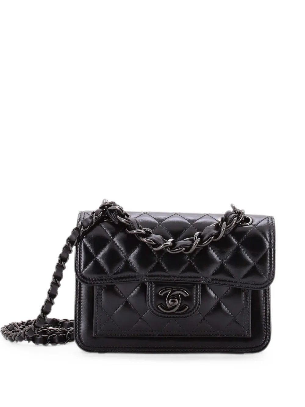 So Black Double You CC Flap Bag Quilted Shiny Crumpled Calfskin Mini shoulder bag