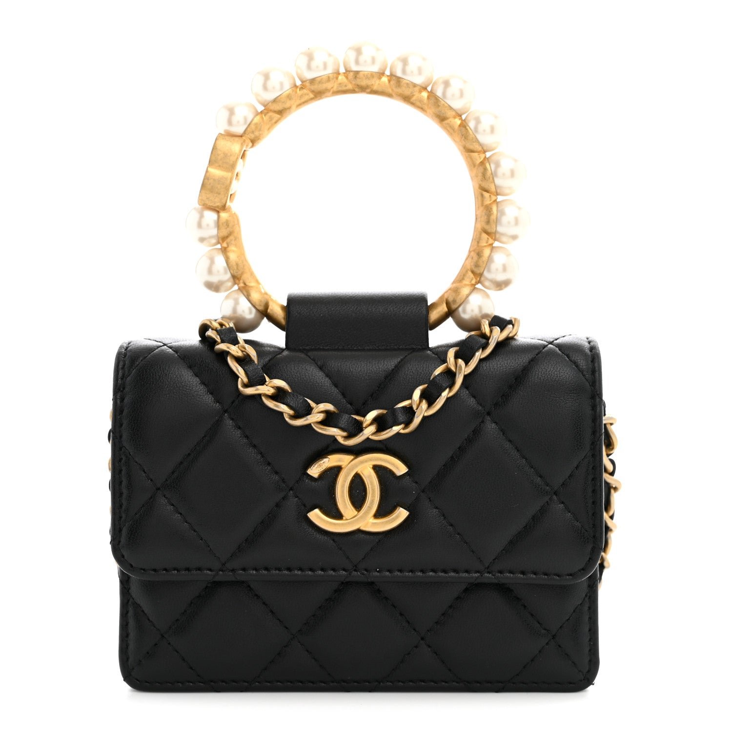 Chanel Lambskin Quilted Pearl Crown Clutch With Chain Black