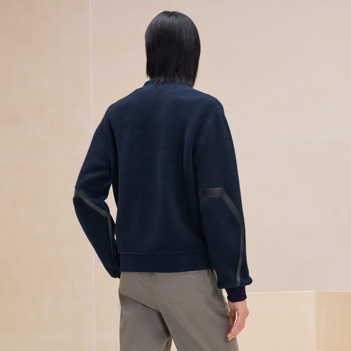 Marine Zipped Varsity Cardigan With Leather Detail