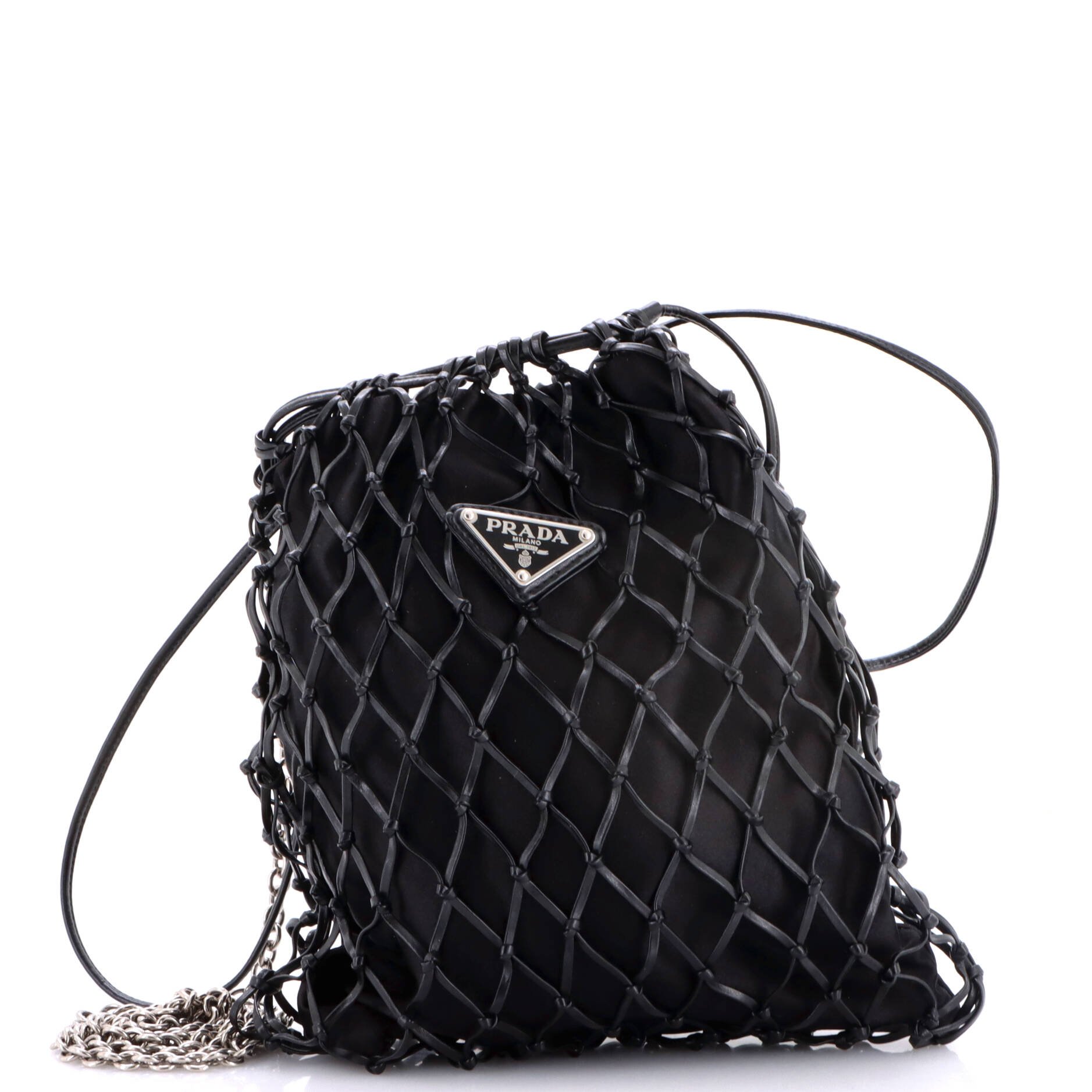 Fishnet Chain Crossbody Bag Woven Leather and Satin