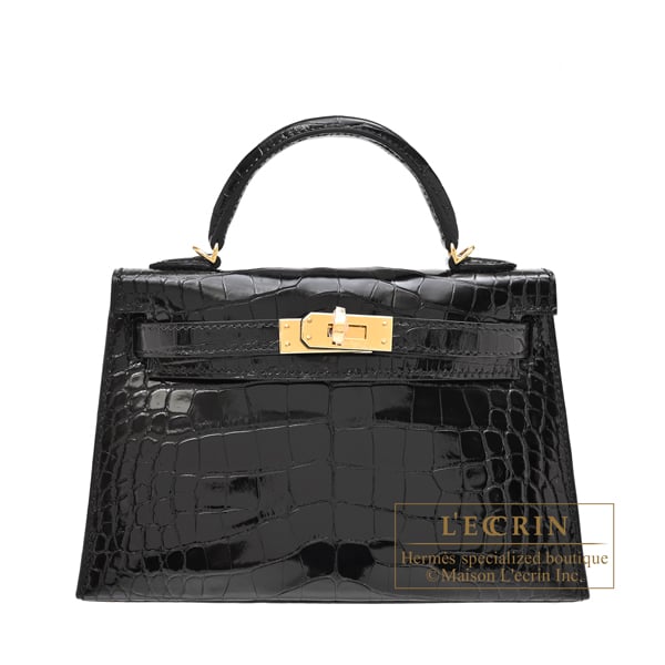 Hermes Kelly bag mini Sellier Black Alligator crocodile skin Gold hardware