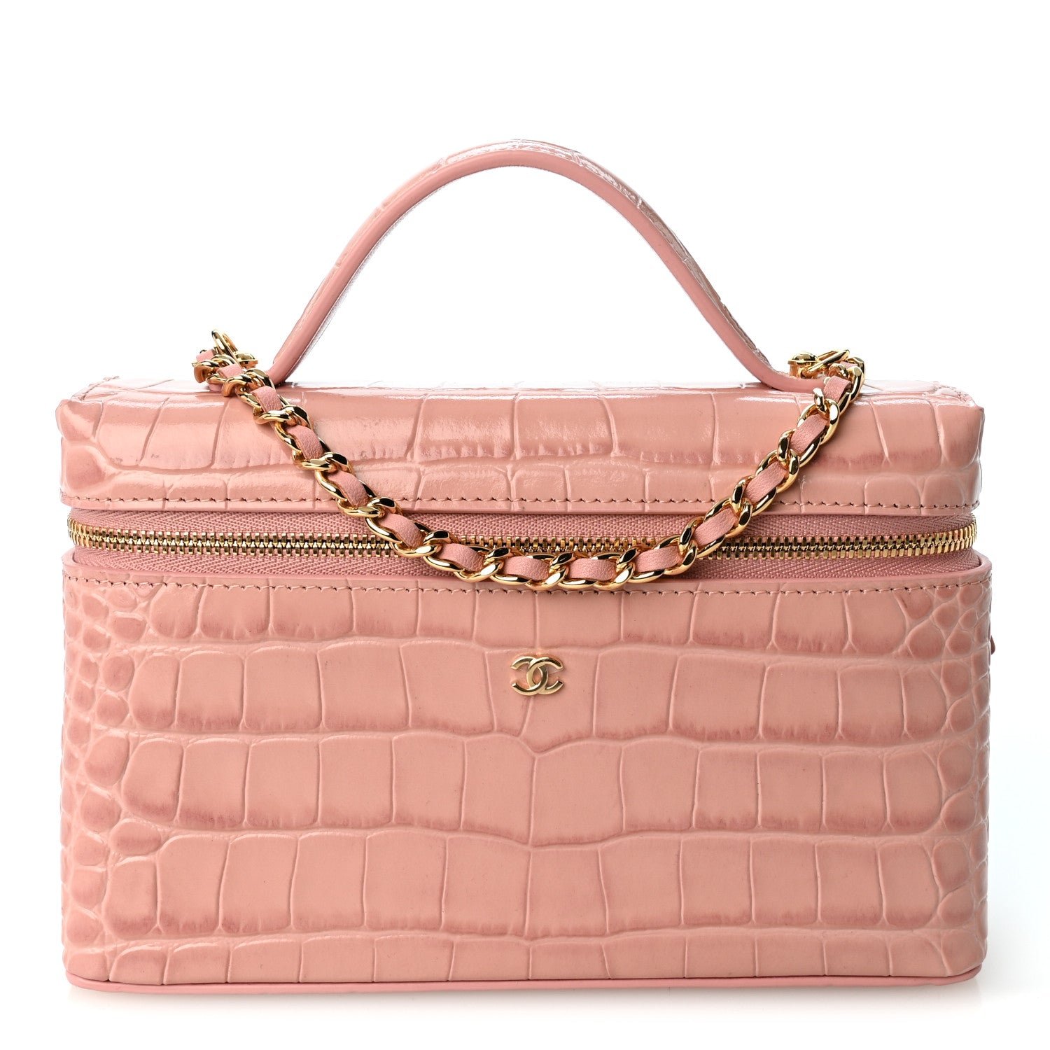 Chanel Calfskin Crocodile Embossed Crococo Exoticoco Vanity With Chain Light Pink